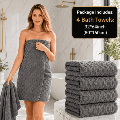 Oversized Bath Towel Set 800GSM 32x64 Inch Extra Large Microfiber - Ultra Soft Quick Dry Striped Spa Grade | Single or 4pcs Random Color | Beige White Light Blue Dark Gray | Modern Coastal Home Gift