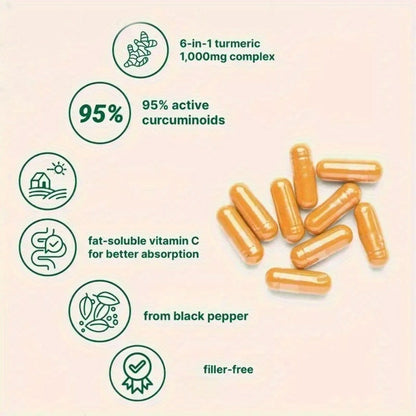 Curcumin 6-in-1 Capsules with 95% Active Curcumin, Vitamin C & Probiotics – 120 Capsules 120-Day Supply | Anti-Inflammatory, Immune & Gut Support | All-Natural Turmeric Formula for Women & Men