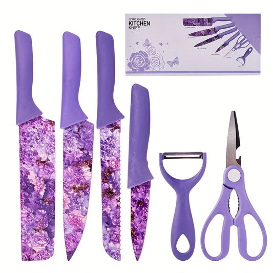Kitchen Knife Set 6-Piece Floral High-Carbon Stainless Steel with Cleaver, Bread Knife, Shears and Peeler