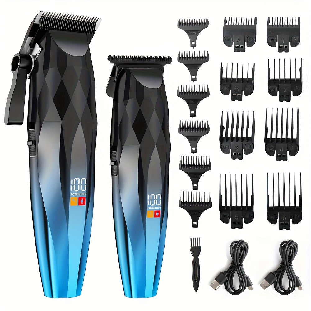 Hair Clipper and Beard Trimmer Cordless Two-Piece Set with 14 Guide Combs, Ceramic Blades and Three Colors
