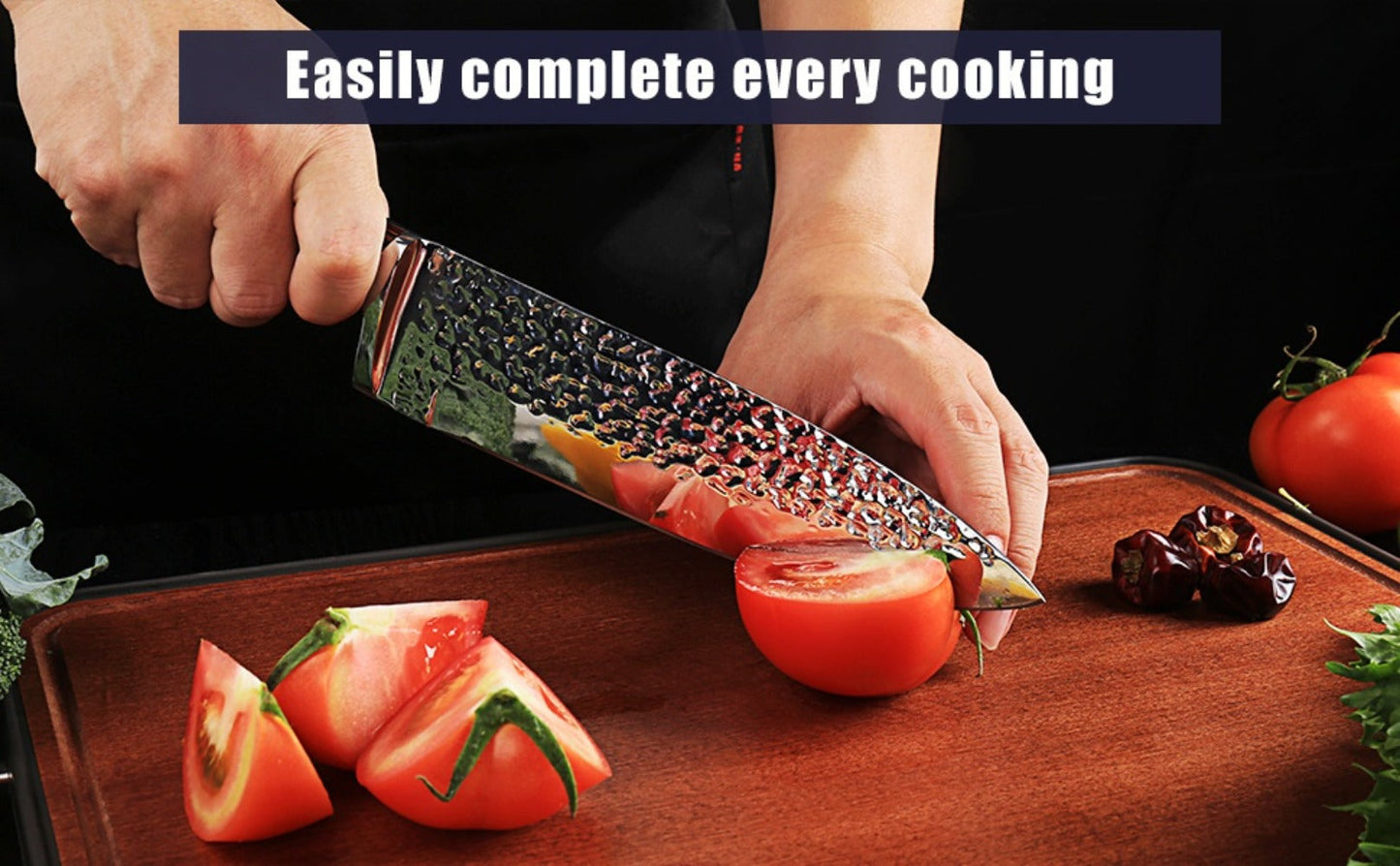 Kitchen Knife Set 15-Piece Hammered Stainless Steel with Steak Knives and Self-Sharpening Wood Block