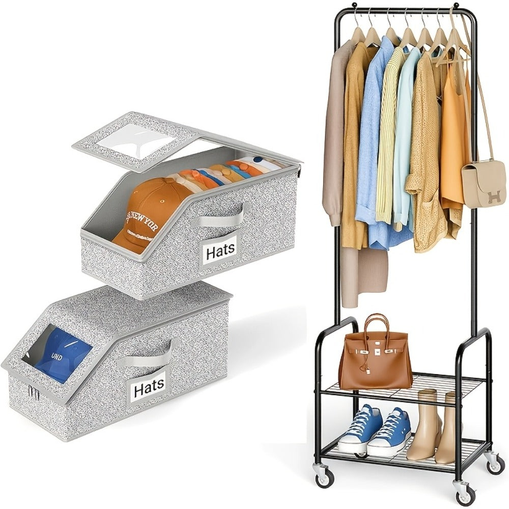 Baseball Cap Storage Box 2 Pack – Foldable Stackable Zippered Hat Organizer, Large Capacity Dustproof Closet Storage for Caps, Hats & Clothes, Durable Fabric
