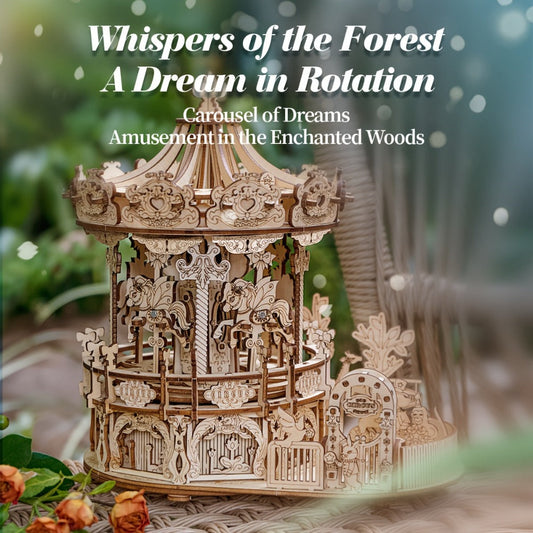 Rotating Merry-Go-Round Wooden Puzzle Kit – Mechanical Carousel 3D Model for Adults & Teens, DIY Kinetic Display Piece, Unique Christmas Birthday Gift (Treehouse, Cello, Airship, Pumpkin Styles)
