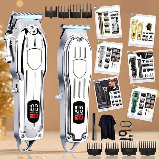 Hair Clipper Cordless Metal-Body Set with LCD Battery Display and Single or Two-Piece Color Options