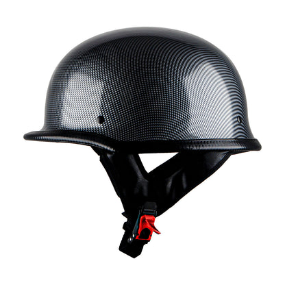 German Style Motorcycle Half Face Helmet – Novelty Skull & Carbon Fiber Design, UV Glossy Finish, Removable Washable Padding, Quick Release Buckle, Adult M/L/XL
