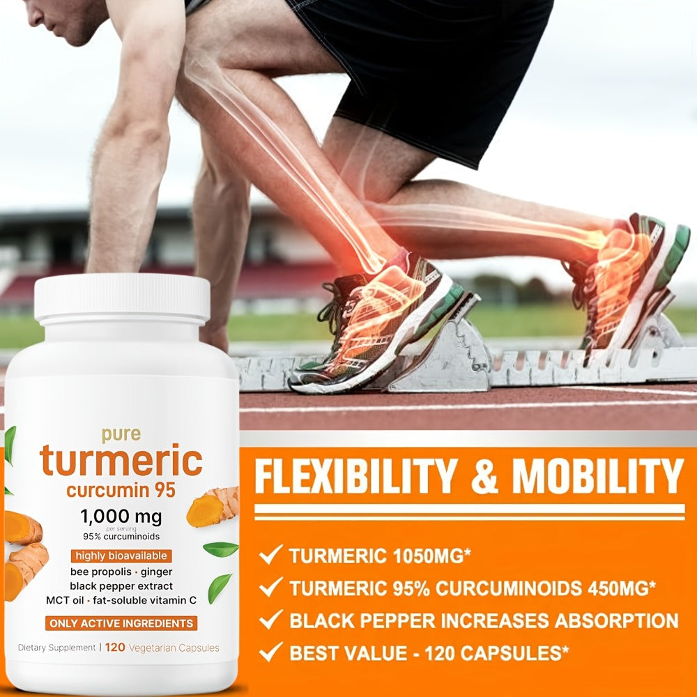 Herbal Supplement Turmeric Curcumin 1000mg per Serving with Ginger Black Pepper Bee Propolis, 120 Vegetarian Capsules