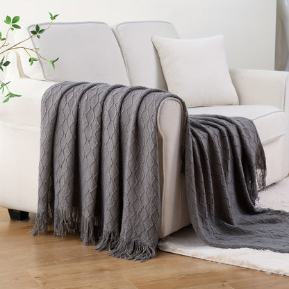 50 x 60-Inch Throw Blanket with Raised Geometric Texture, Tassel Fringe and Six Solid Color Options