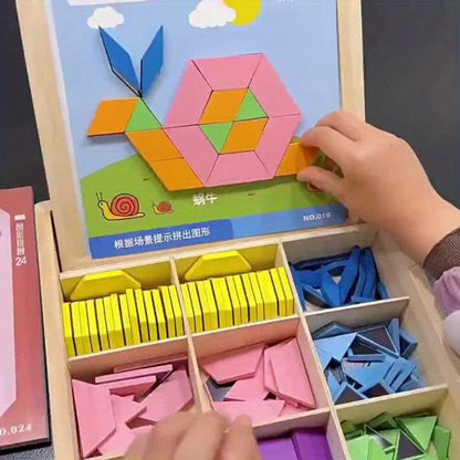 Magnetic Wooden Puzzle Blocks 128 180 220 Piece Set, Geometric Figures Cognitive Learning STEM Toy for Kids