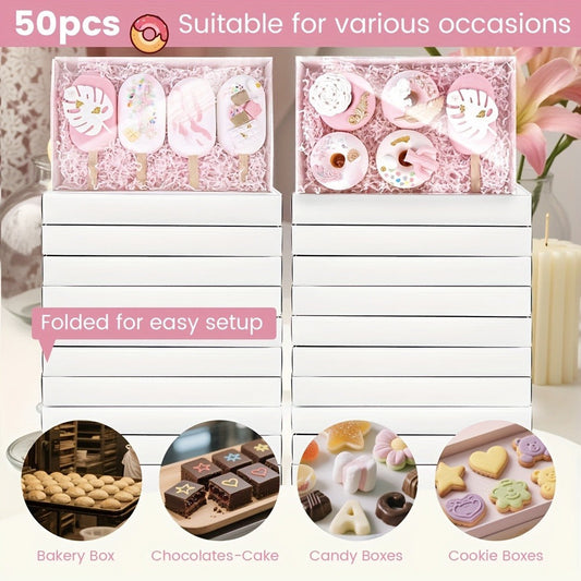 Cookie Boxes with Clear Lids 50pcs - White Bakery Boxes with Window for Macarons, Chocolates, Candy, Pastry - Paper Gift Boxes for Wedding, Christmas, Father's Day, Birthday Party Favors & Professional Baking