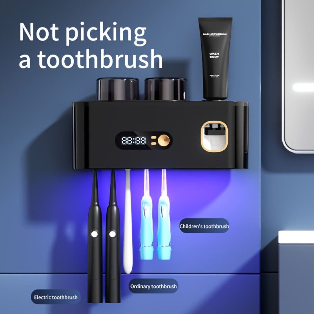 Five-Slot Wall-Mounted Toothbrush Holder with Two Cups, Toothpaste Dispenser and Digital Display