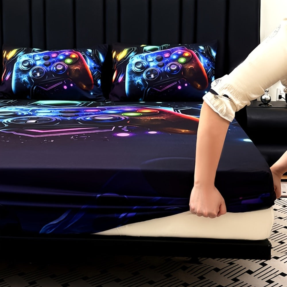 3-Piece Gamepad Bedding Set with Fitted Sheet and 2 Pillowcases, Twin to King Sizes, No Filling
