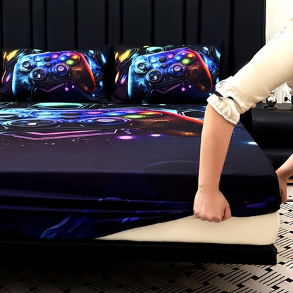 3-Piece Gamepad Bedding Set with Fitted Sheet and 2 Pillowcases, Twin to King Sizes, No Filling
