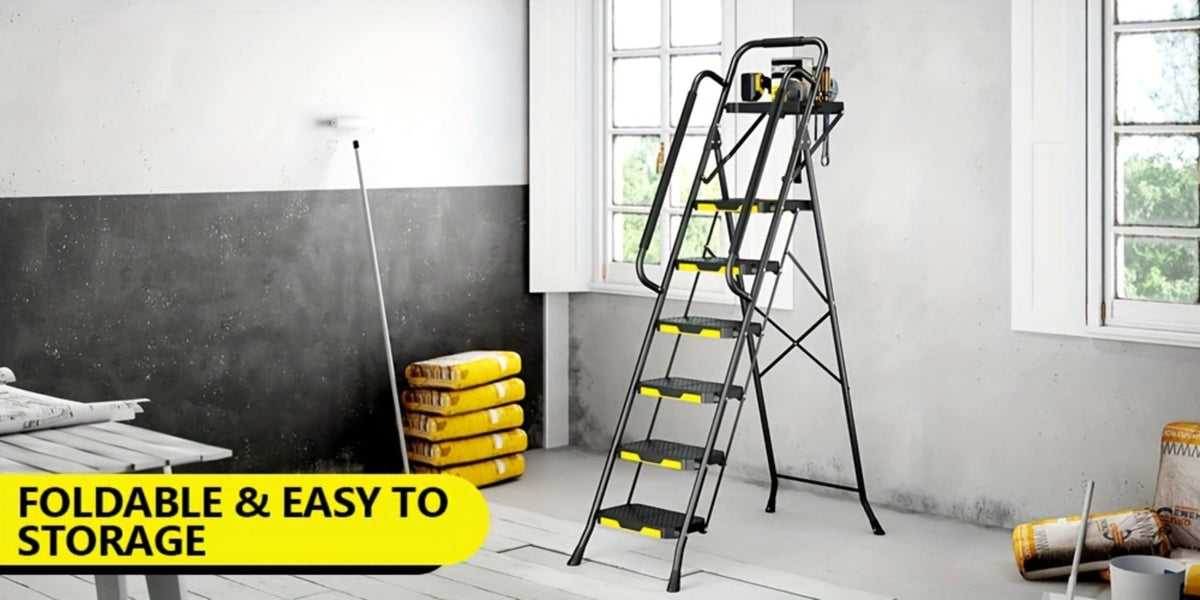 6 Step Ladder with Handrails & Tool Platform, Folding Step Stool Wide Pedal Steel Safety Ladder for Adults