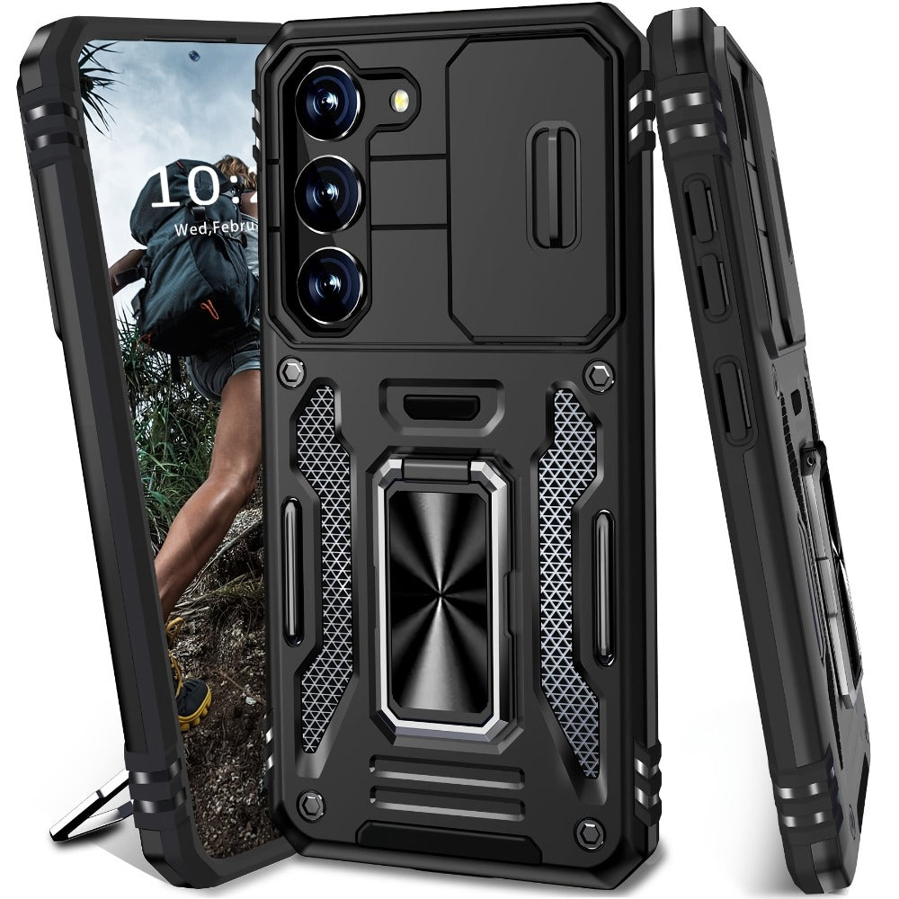 Samsung Galaxy Shockproof Magnetic Phone Case with 360° Rotating Ring Bracket & Sliding Lens Protector – Heavy Duty Cover for S24FE S23FE S22 S21FE Ultra A55 A54 A35 A34 A25 A24 A16 A15 A14 A06 A05 A05S 5G
