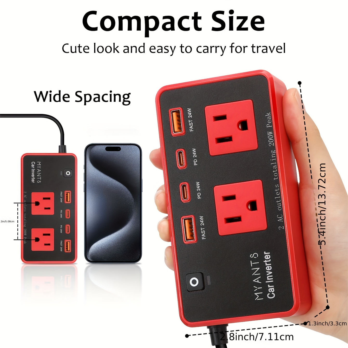 Red 200W Car Power Inverter with Two AC Outlets, USB-A and USB-C Ports, Switch and 12V Plug