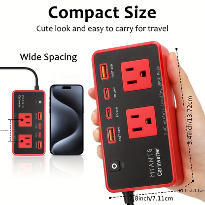 Red 200W Car Power Inverter with Two AC Outlets, USB-A and USB-C Ports, Switch and 12V Plug