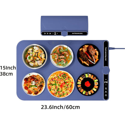 Electric Food Warming Mat with 6 Temperature Levels & 6-Hour Timer – Full Surface Roll-Up Heating Tray for Holiday Parties Buffets Dining Table Keeps Food Warm Blue Beige