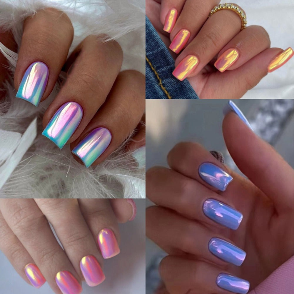 Press On Nails 96-Piece Short Square Set with Pink Chrome Mirror Metallic Full-Cover Finish