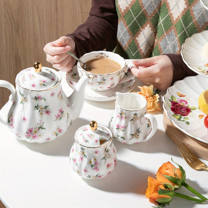 Floral Porcelain-Style Tea Service Set for Six in Five Coral, Peach, Rose, Peony or Spring Designs