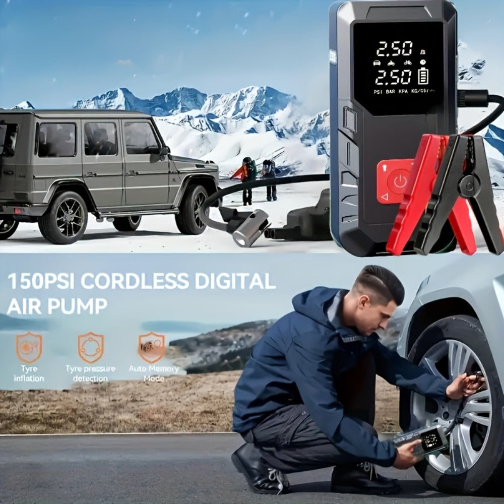 Portable Car Jump Starter 10000A – 9-in-1 Battery Booster with 350PSI Tire Inflator, LED Light, USB-C Fast Charging, Power Bank for 12V Gas & Diesel Vehicles, Emergency Car Tool