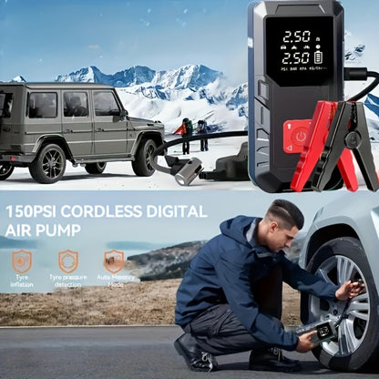 Portable Car Jump Starter 10000A – 9-in-1 Battery Booster with 350PSI Tire Inflator, LED Light, USB-C Fast Charging, Power Bank for 12V Gas & Diesel Vehicles, Emergency Car Tool
