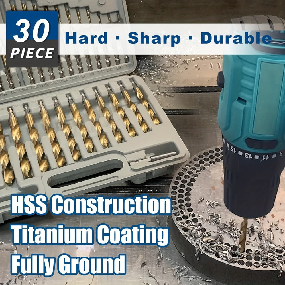 30-Piece HSS Drill Bit Set with Titanium-Coating Label, 1/16-1/2-Inch Range and Fitted Gray Case