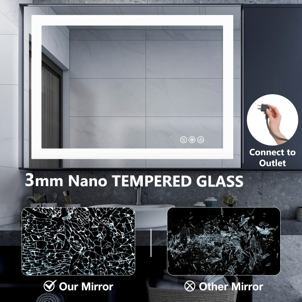 LED Bathroom Mirror with Anti-Fog – Dimmable Vanity Mirror, 3 Color Lighting Modes, Dual Light Source, Wall Mounted Horizontal or Vertical, Tempered Glass, Multiple Sizes