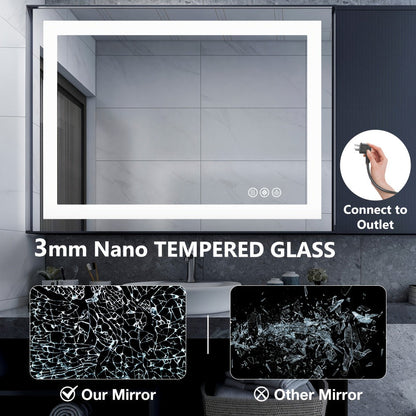 LED Bathroom Mirror with Anti-Fog – Dimmable Vanity Mirror, 3 Color Lighting Modes, Dual Light Source, Wall Mounted Horizontal or Vertical, Tempered Glass, Multiple Sizes