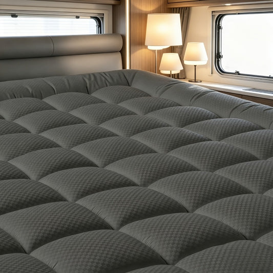 RV Queen Mattress Topper Quilted Pillow Top Mattress Pad Fitted Protector Cooling Breathable Fluffy Soft Cover with 8-21" Deep Pocket for RV Camper Trailer, Black