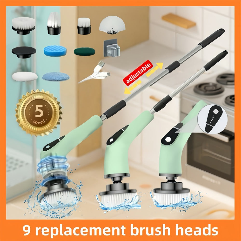 Electric Spin Scrubber with 9 Interchangeable Brush Heads 5 Speed Settings & 3 Extendable for Home Cooking, Dining and Outdoor Meals