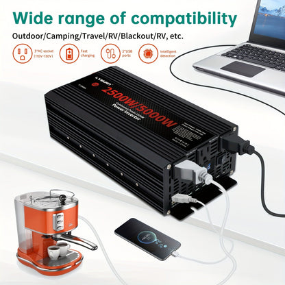 Black or Red 12V DC to 110V AC Power Inverter with 500W or 2500W Model Options, Display and USB Port