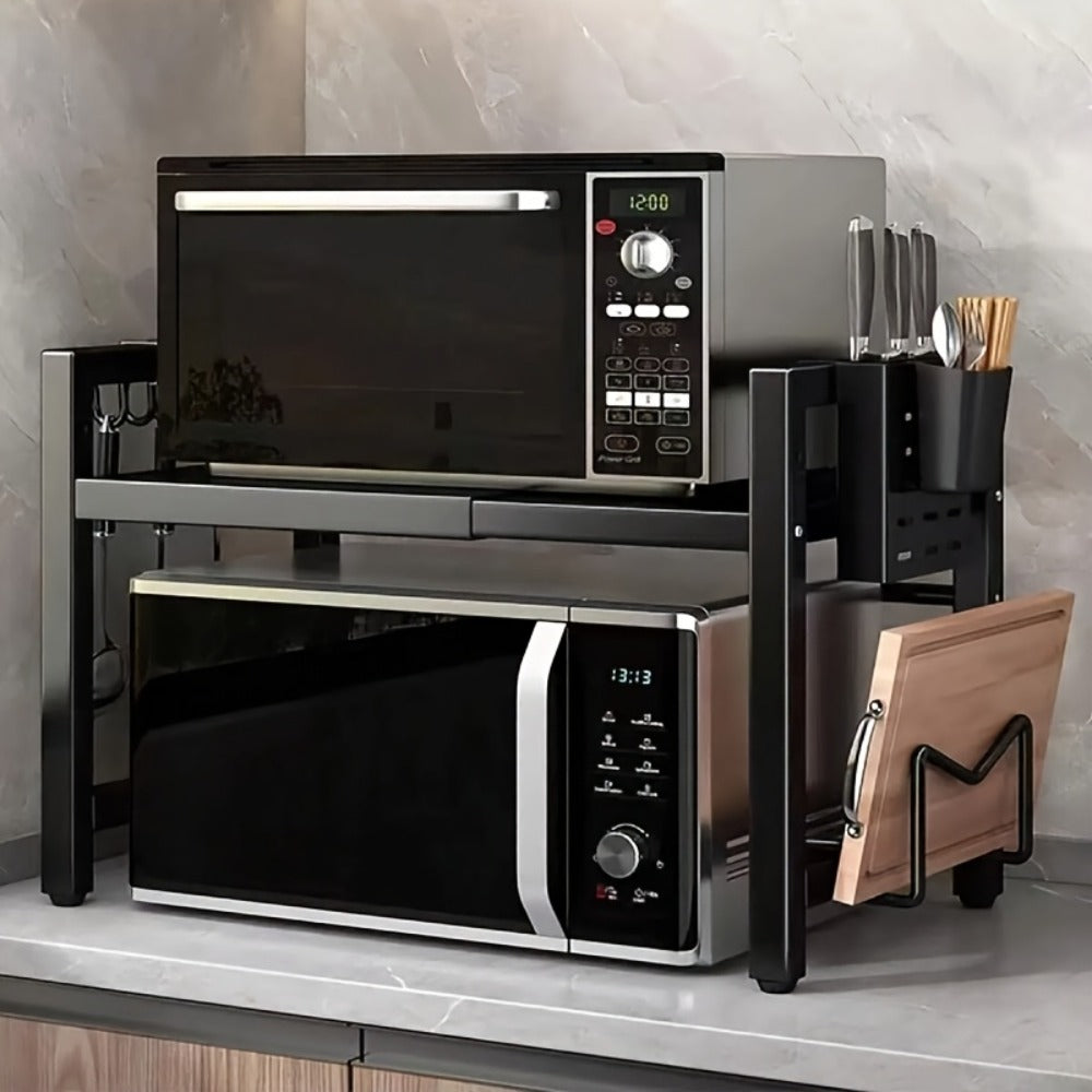 Microwave Stand Kitchen Organizer Extendable Black Iron Countertop Shelf for Cookware, Bowls and Cups
