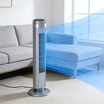 Floor-Standing Tower Fan with Circular LED Display, 7.68-Inch Base and Black, White or Gray Finish