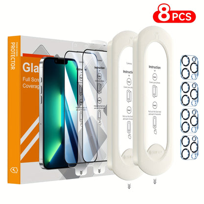 Screen Protector, 8-Piece iPhone Tempered Glass Set with Four Screen Films, Four Camera Lens Covers and Alignment Tools