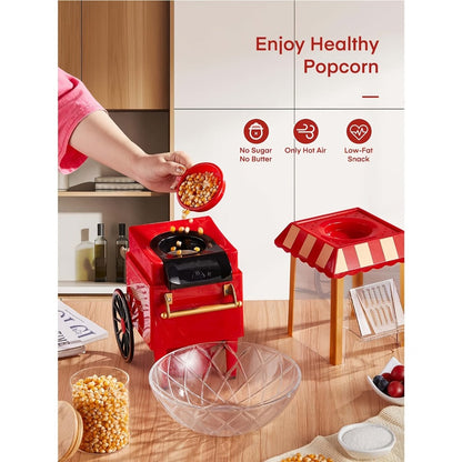 Carnival Cart Hot Air Popcorn Maker in Red with Single On-Off Switch and Compact Countertop Design