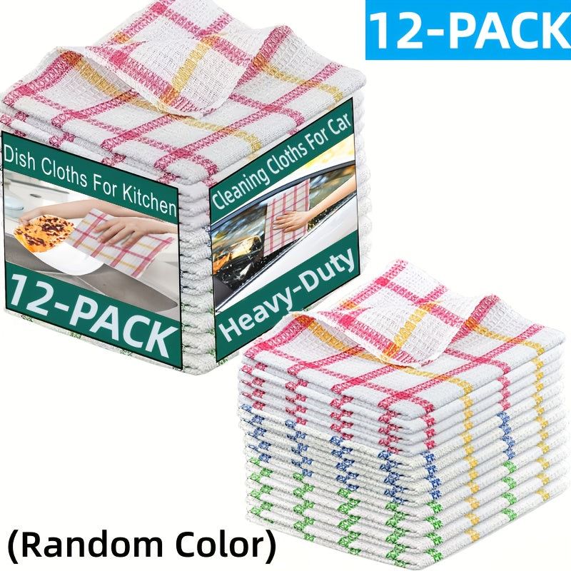 Twelve-Piece Assorted Plaid Kitchen Dishcloth Set with Square Woven Cloths in Random Check Styles