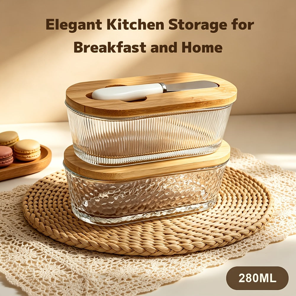 280 ml Ribbed Glass Butter Dish with Bamboo Lid, White-Handle Knife and Stripe-Pattern Checkout Option