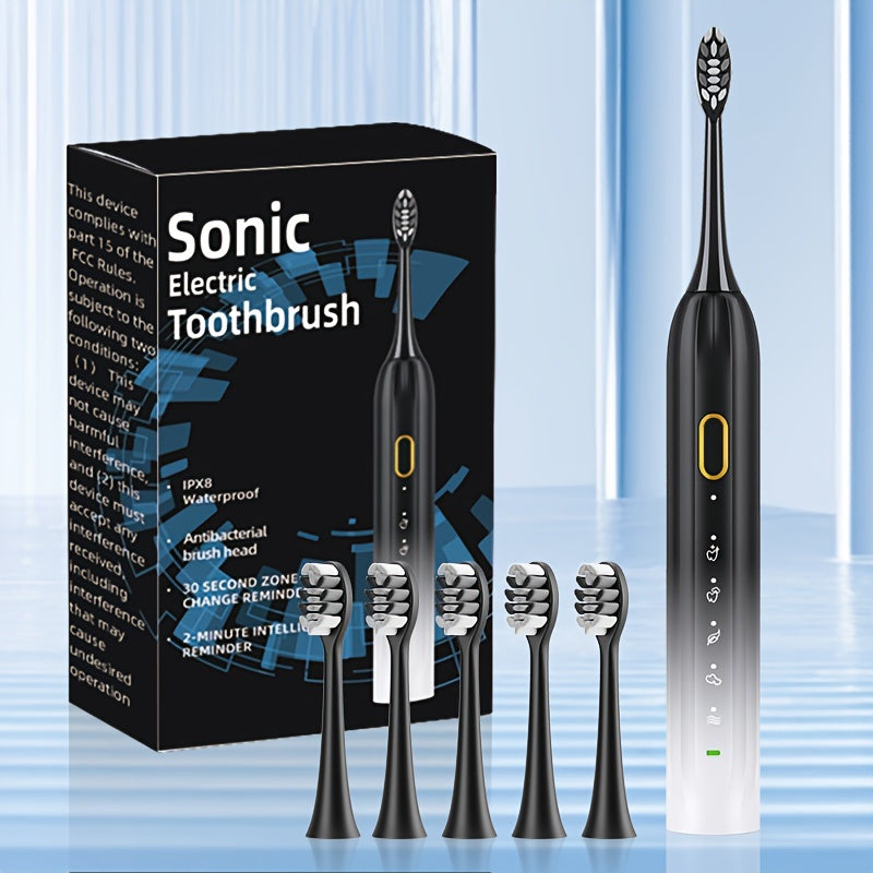 Sonic Electric Toothbrush IPX8 Waterproof USB Rechargeable with 5 Replacement Brush Heads, Smart Timer, Metal Shaft, Couple Design for Adults Men & Women — Black, Green Pink, Pink White