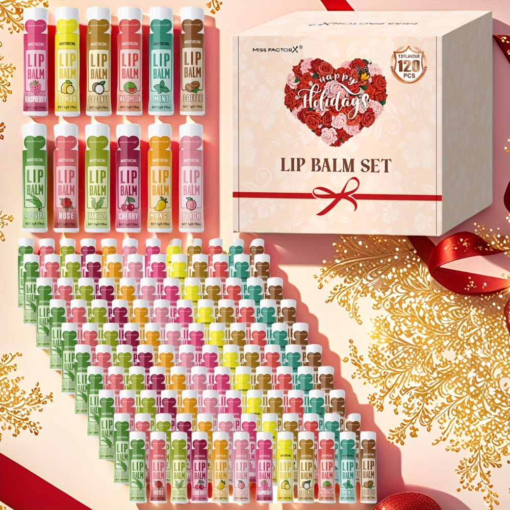 Lip Balm 120-Piece Bulk Set with 12 Flavors, Glossy Twist-Up Tubes and Divided Gift Box Packaging