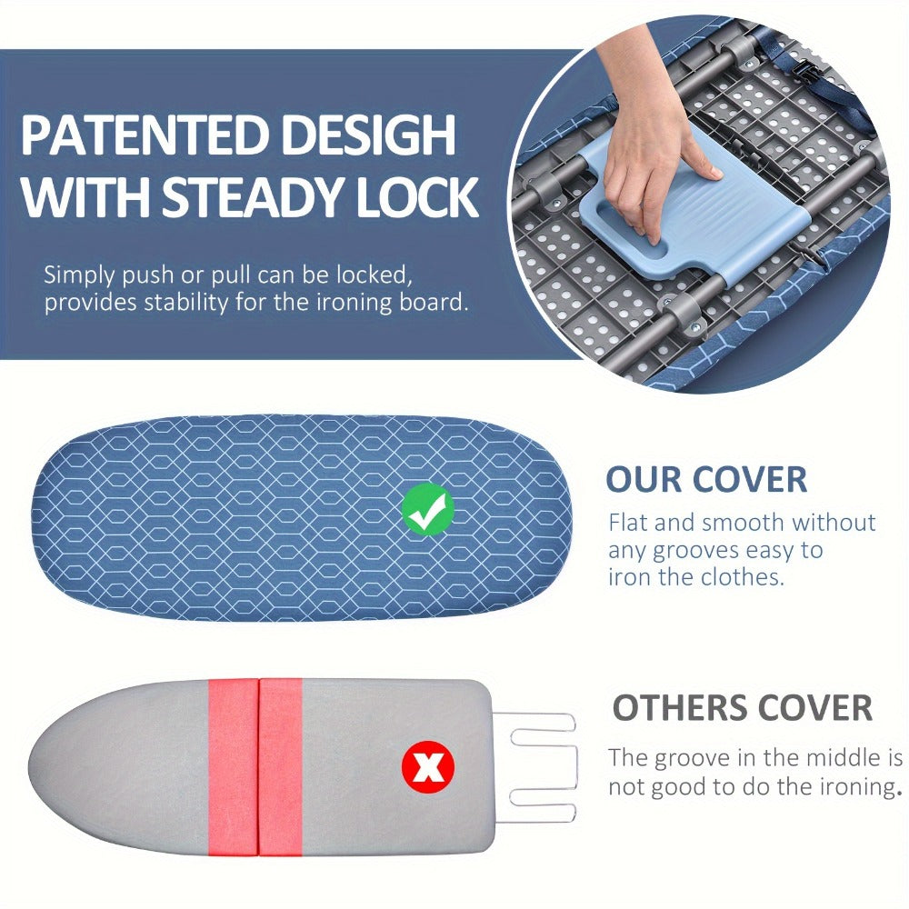 Mini Blue Tabletop Ironing Board with Short Folding Legs, Hanging Loop and Geometric Cover