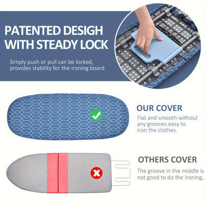 Mini Blue Tabletop Ironing Board with Short Folding Legs, Hanging Loop and Geometric Cover