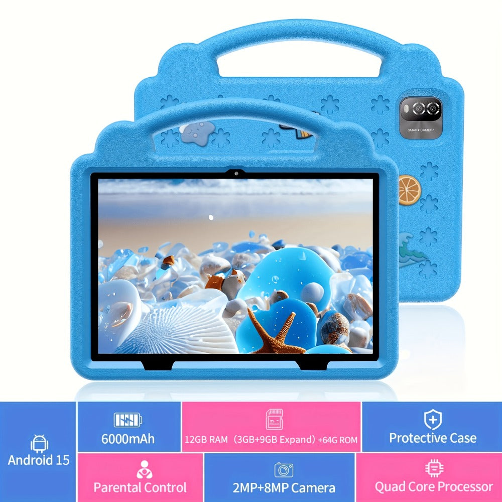 10.1 Inch Kids Tablet Android 15 12GB RAM 64GB ROM Children Educational Tablet with Protective Case Handle Dual Cameras Wi-Fi Parental Controls Pre-Installed Apps Games Toddlers Ages 3-12 Blue Pink