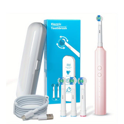 Electric Toothbrush with Three Modes, Four Round Brush Heads, 600mAh Battery, Smart Timer and IPX7 Rating