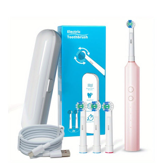 Electric Toothbrush with Three Modes, Four Round Brush Heads, 600mAh Battery, Smart Timer and IPX7 Rating