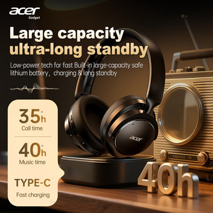 Acer OHR560 ANC Over-Ear Wireless Headphones, Full-Coverage Foldable Design HiFi Stereo HD ENC Call Noise Reduction Built-in Mic, 3.5mm Audio Cable Compatible for Work Travel Gaming Study