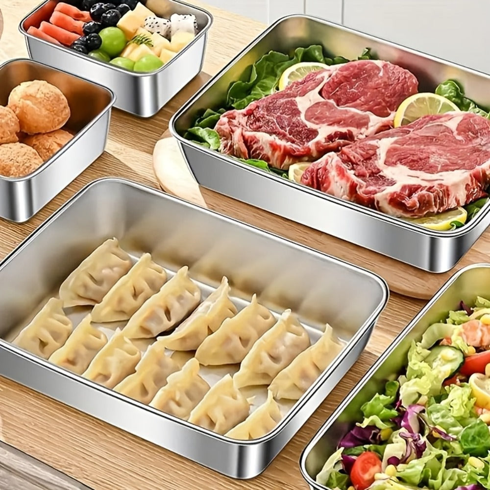 Food Storage Containers Five-Piece Stainless Steel Tray Set with Included Lids for Meal Prep and Refrigerator Use