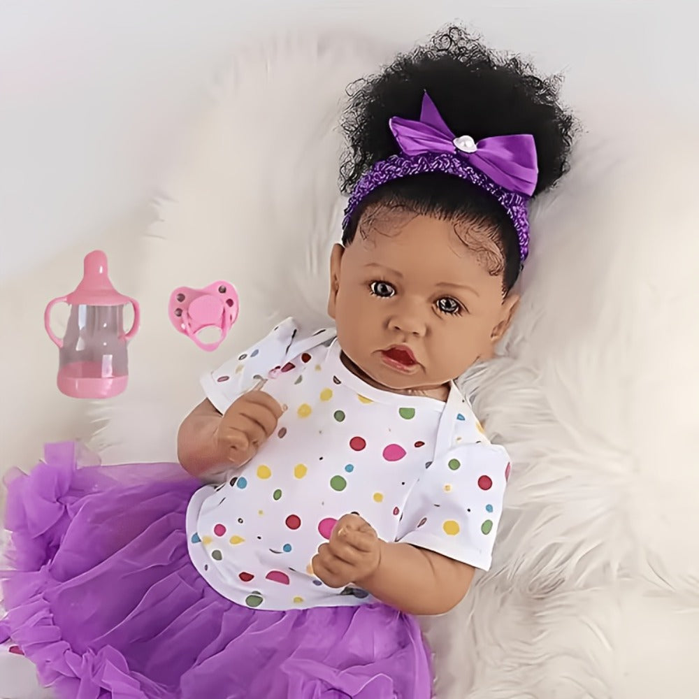Reborn Baby Doll 21.5-Inch Full Vinyl Design with Curly Dark Hair, Open Eyes and Purple-and-White Outfit