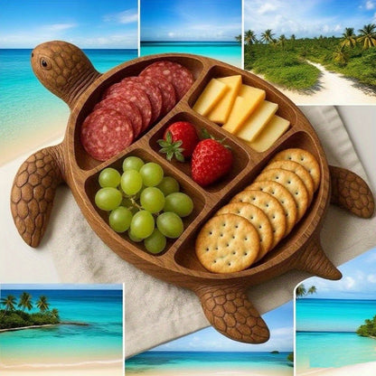 Serving Tray Wood Turtle Shaped Multi-Compartment Divided Dish – Solid Wood Snack Platter with Sections for Dips Fruits Appetizers Party BBQ Picnic Holiday Table Decor