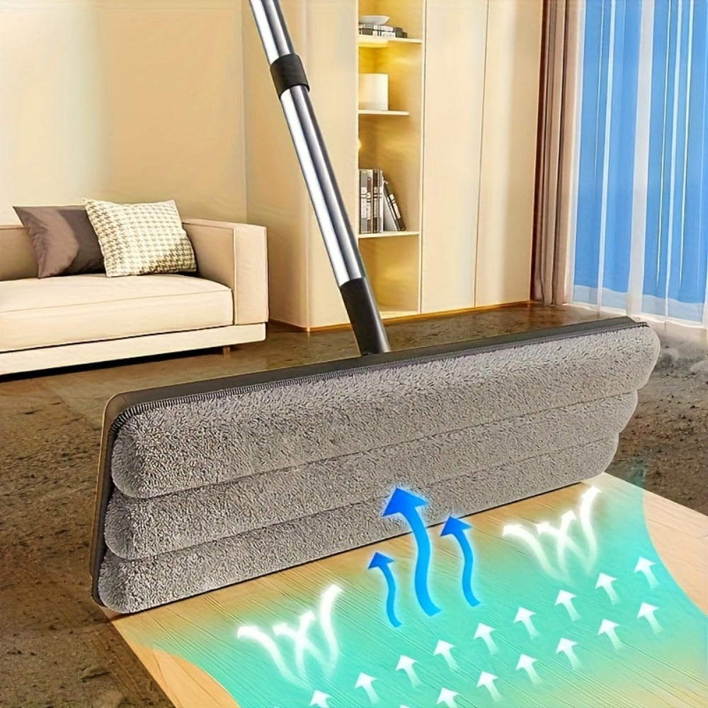 Flat Floor Mop and Double-Compartment Bucket Set with 40 cm Head, Stainless Steel Rod and Two Pads