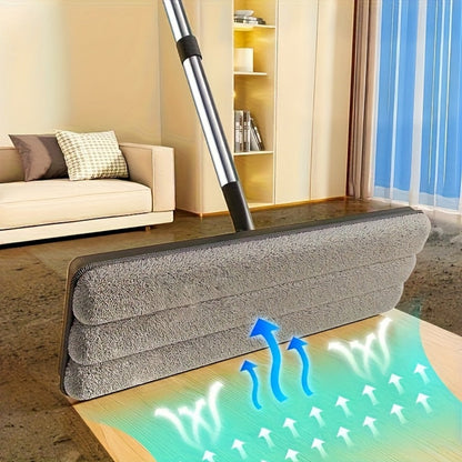 Flat Floor Mop and Double-Compartment Bucket Set with 40 cm Head, Stainless Steel Rod and Two Pads